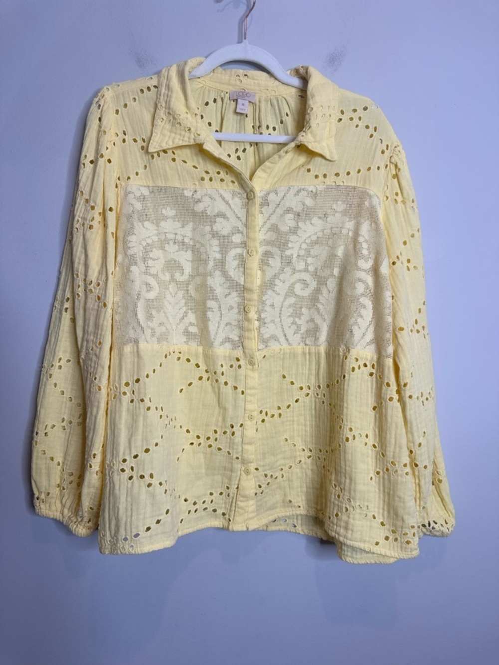 LOGO Lavish Eyelet Lace Blouse Butter Yellow Boho Cottagecore Button XL Spring
